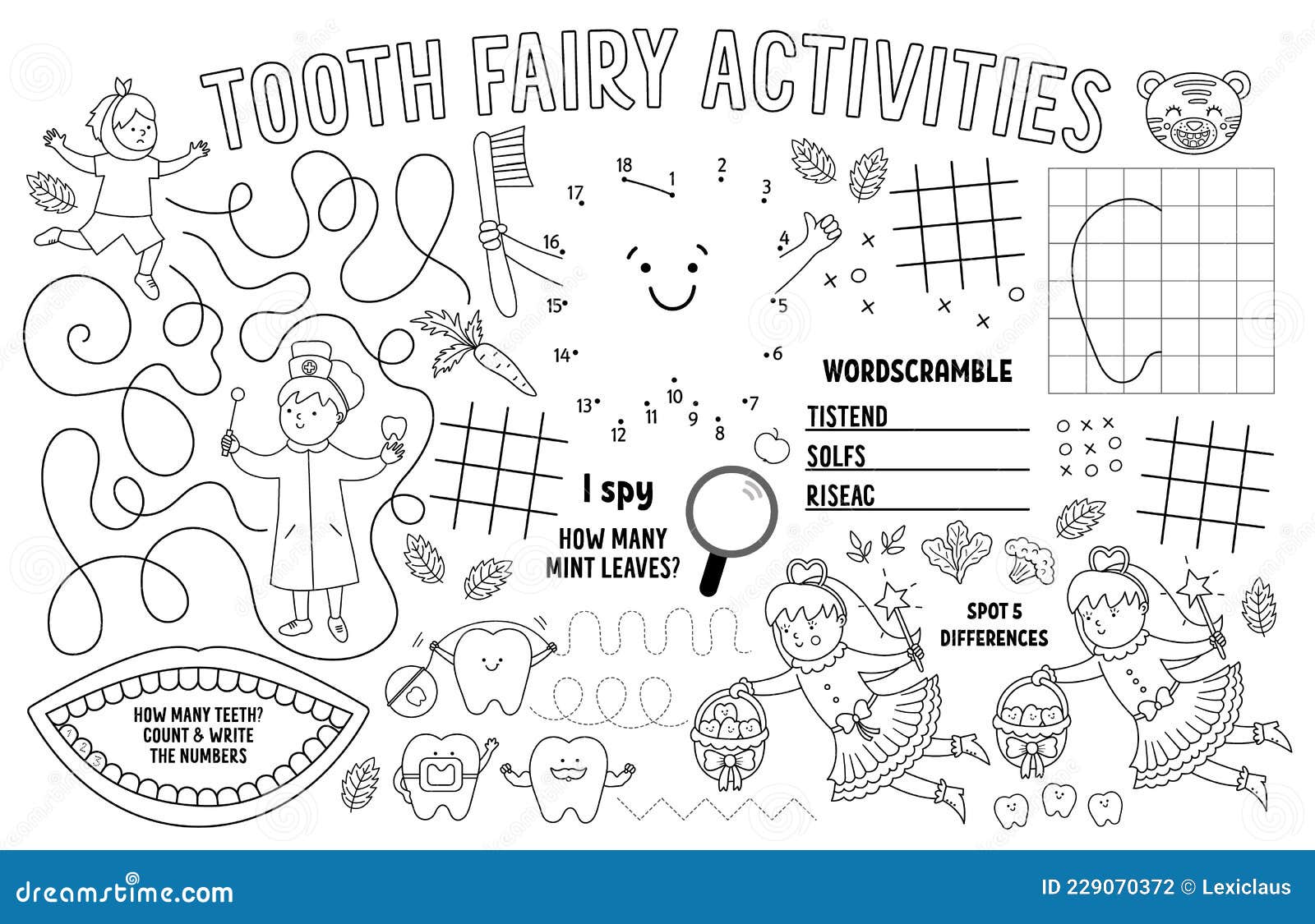 Vector tooth fairy placemat for kids mouth care printable activity mat with maze tic tac toe charts connect the dots find stock vector