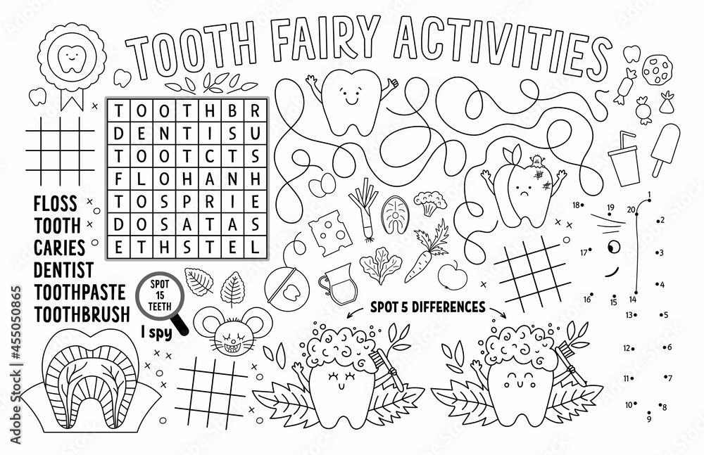 Vector tooth fairy placemat for kids mouth care printable activity mat with maze tic tac toe charts connect the dots find difference black and white dental play mat or coloring page