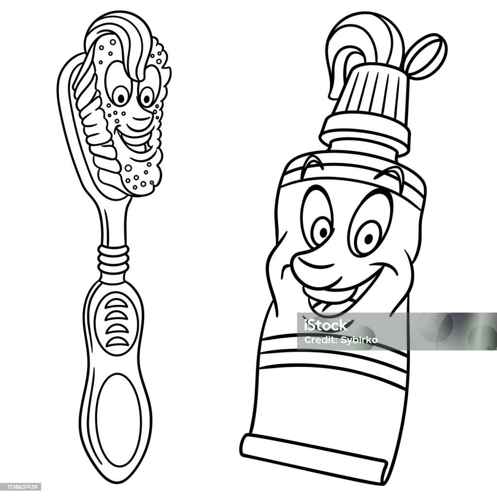 Coloring page of cartoon toothbrush and toothpaste stock illustration