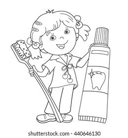 Coloring page outline cartoon girl toothbrush stock vector royalty free