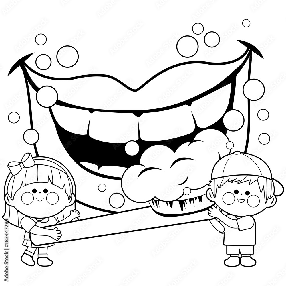 Children holding a toothbrush and brushing teeth vector black and white coloring page vector