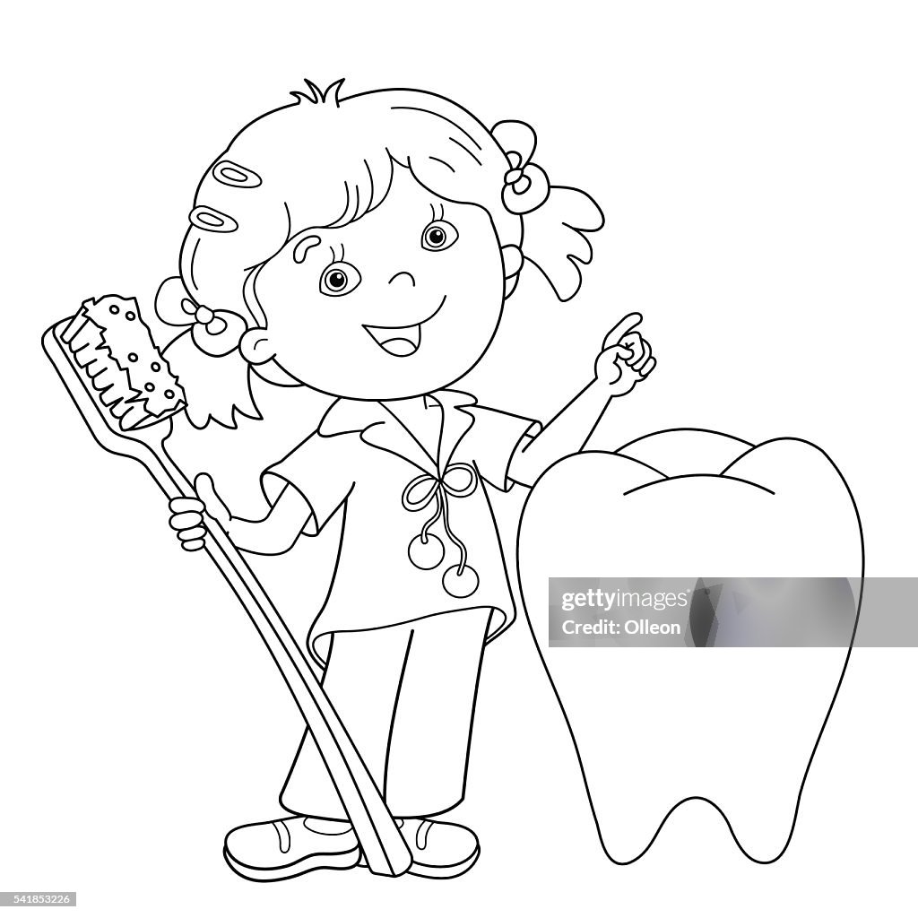 Coloring page outline of rtoon girl with toothbrush high