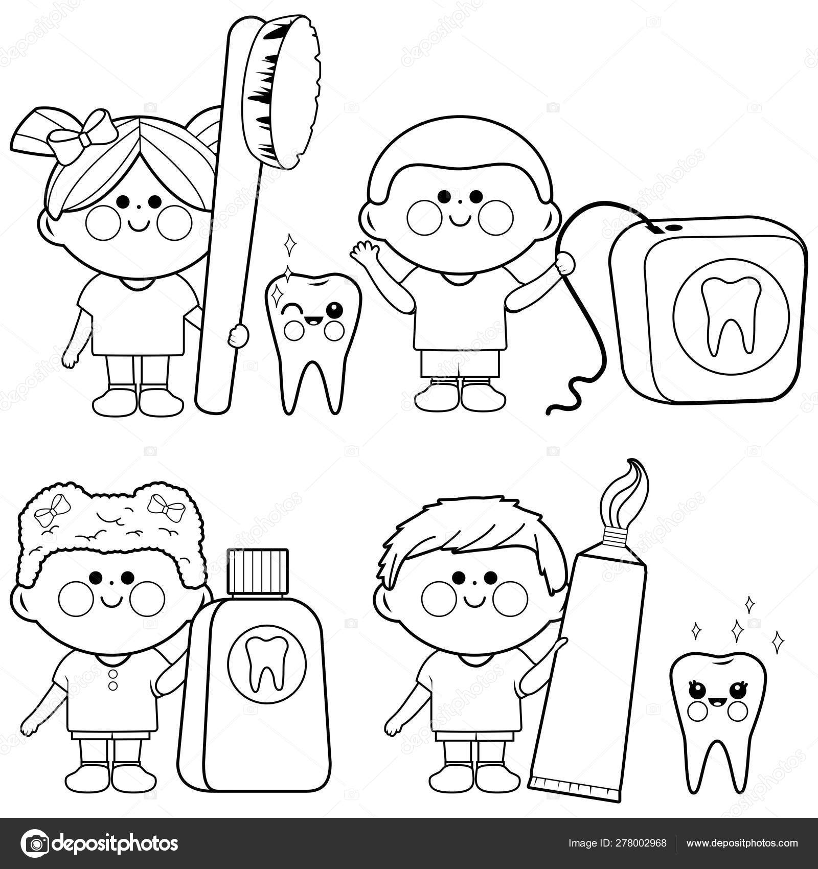 Kids dental hygiene collection vector black and white coloring page stock vector by stockakia
