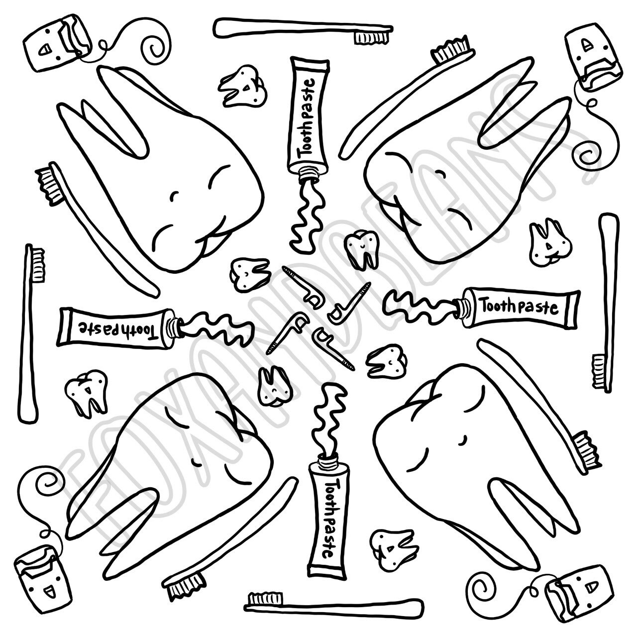 Sweet tooth printable coloring page dentist toothbrush digital file teeth cute kawaii adult coloring all ages instant download