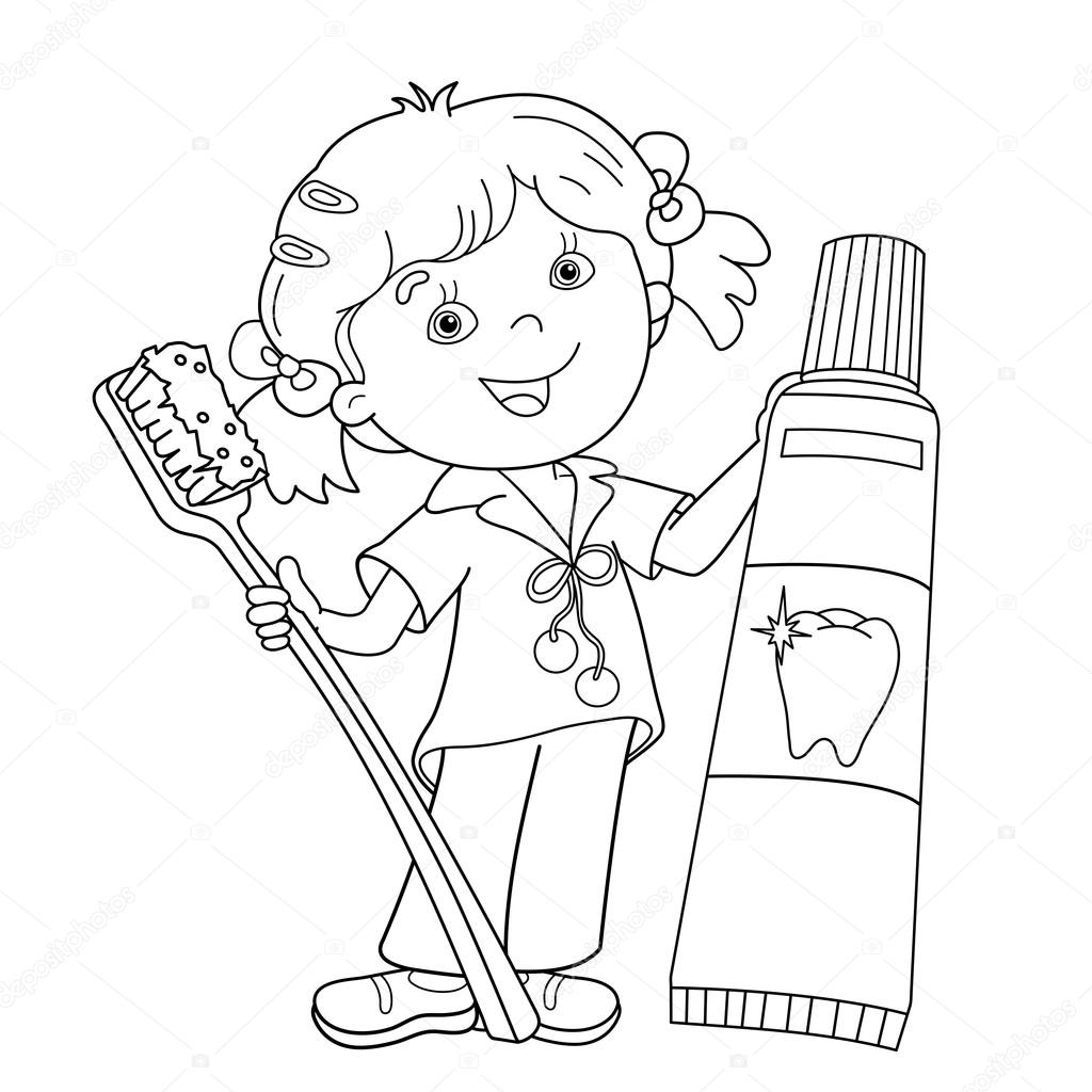 Coloring page outline of cartoon girl with toothbrush and toothp stock vector by oleon