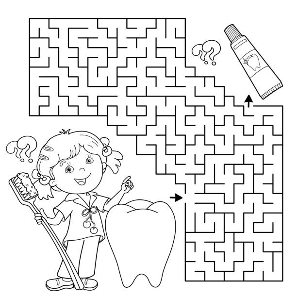 Maze or labyrinth game puzzle coloring page outline of cartoon girl with toothbrush and toothpaste coloring book for kids stock illustration