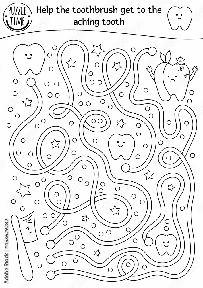 Black and white dental care maze for children preschool outline medical activity funny game or coloring page with cute toothbrush and ill teeth help the brush get to the aching tooth