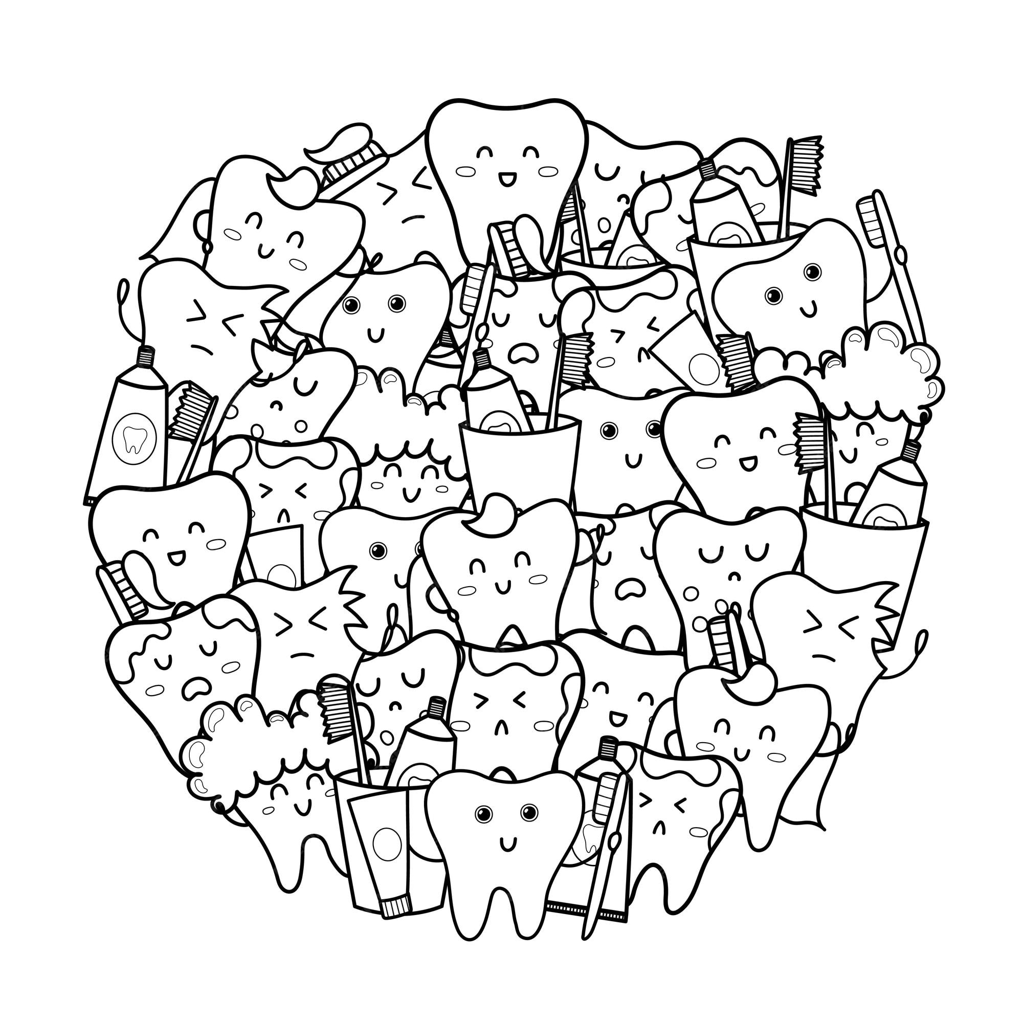 Premium vector cute teeth circle shape coloring page doodle mandala with funny tooth toothpaste and toothbrush