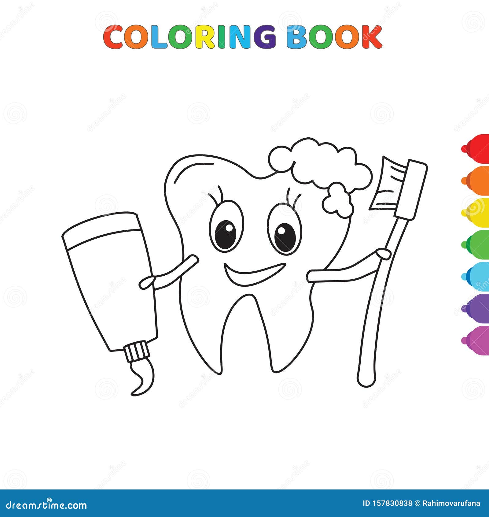 Cute cartoon happy smiling tooth with toothpaste and toothbrush coloring book for kids black and white vector illustration for stock vector