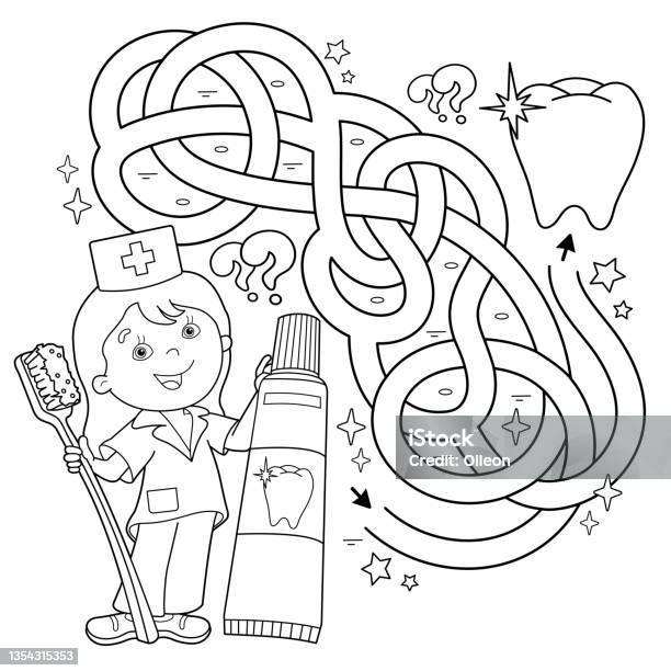 Maze or labyrinth game puzzle tangled road coloring page outline of cartoon girl with toothbrush and toothpaste coloring book for kids stock illustration