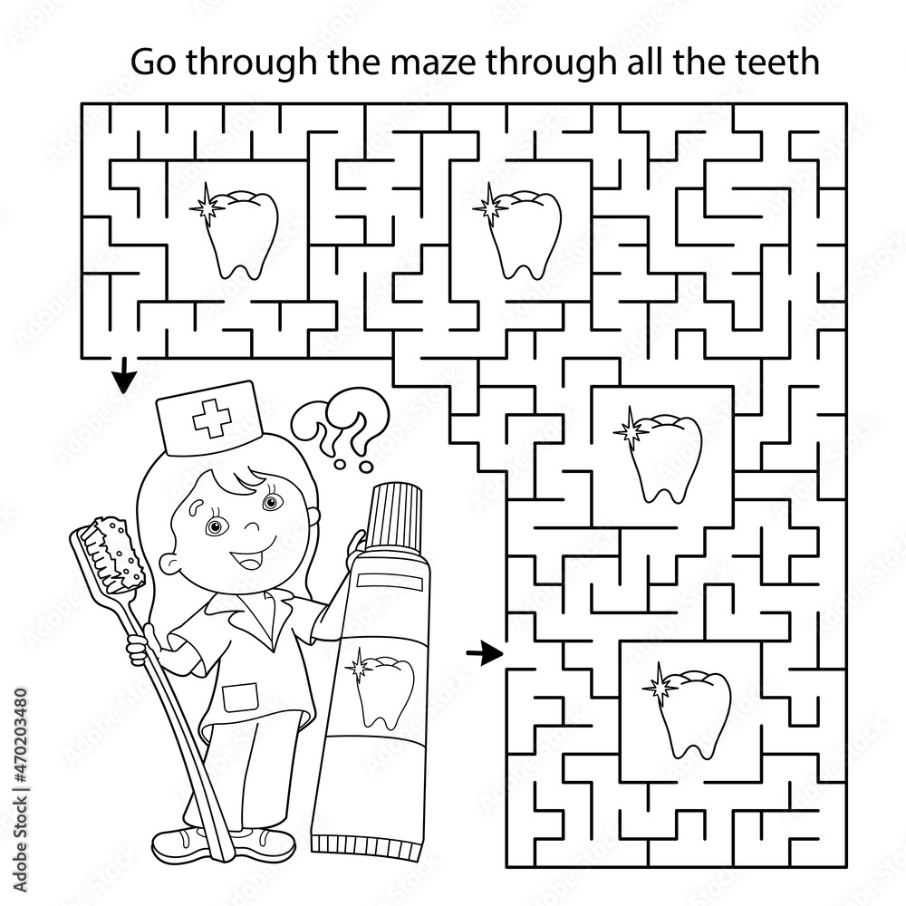 Maze or labyrinth game puzzle coloring page outline of cartoon doctor with toothbrush and toothpaste coloring book for kids vector