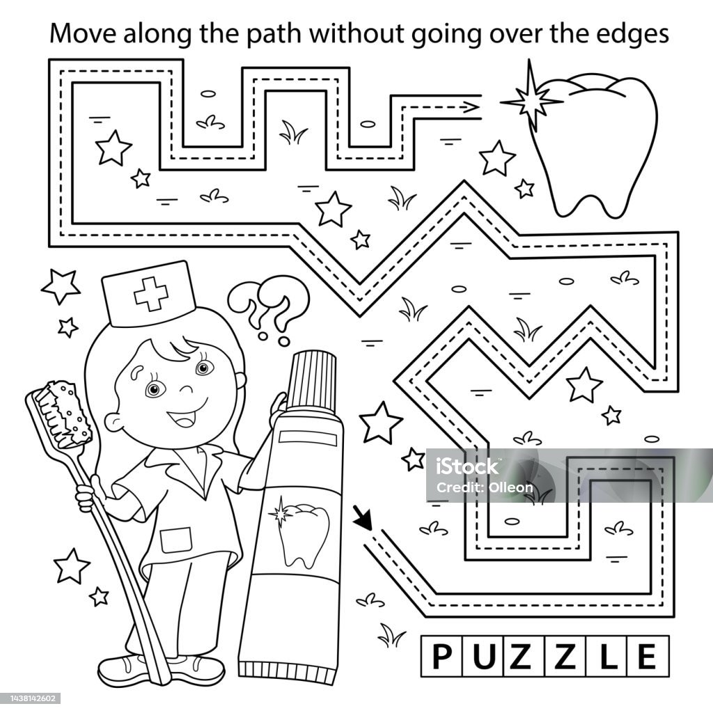 Handwriting practice sheet simple educational game or maze coloring page outline of cartoon doctor with toothbrush and toothpaste coloring book for kids stock illustration
