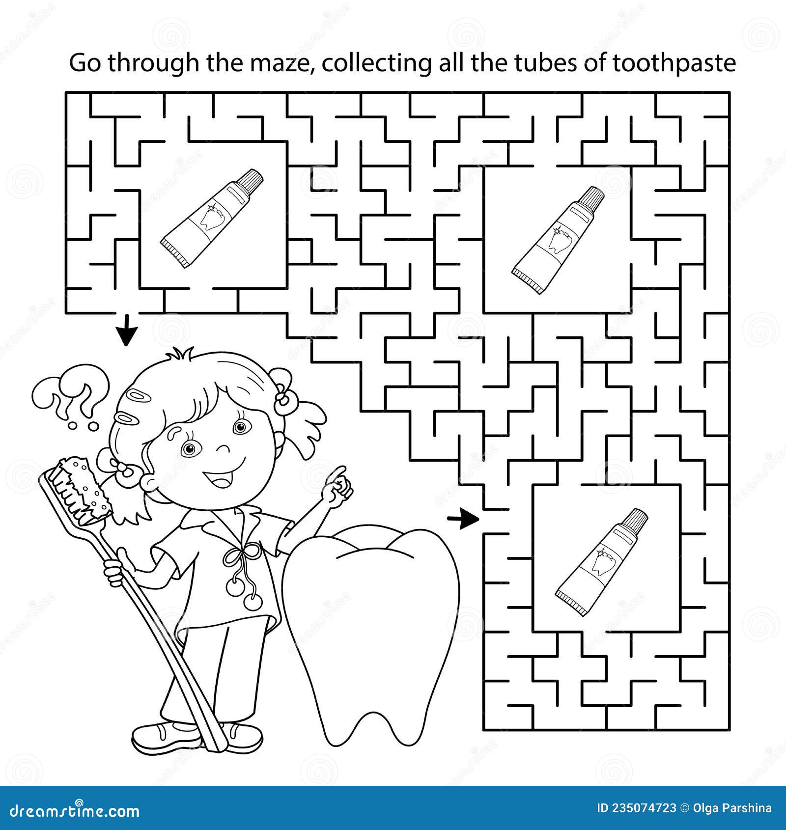 Maze or labyrinth game puzzle coloring page outline of cartoon girl with toothbrush and toothpaste stock vector