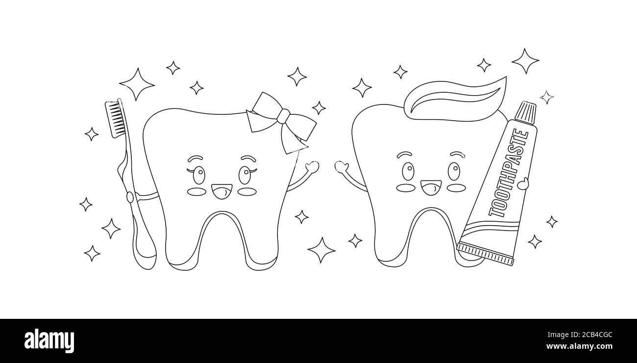 Cute tooth boy and girl with toothpaste and toothbrush dentist coloring page stock vector image art