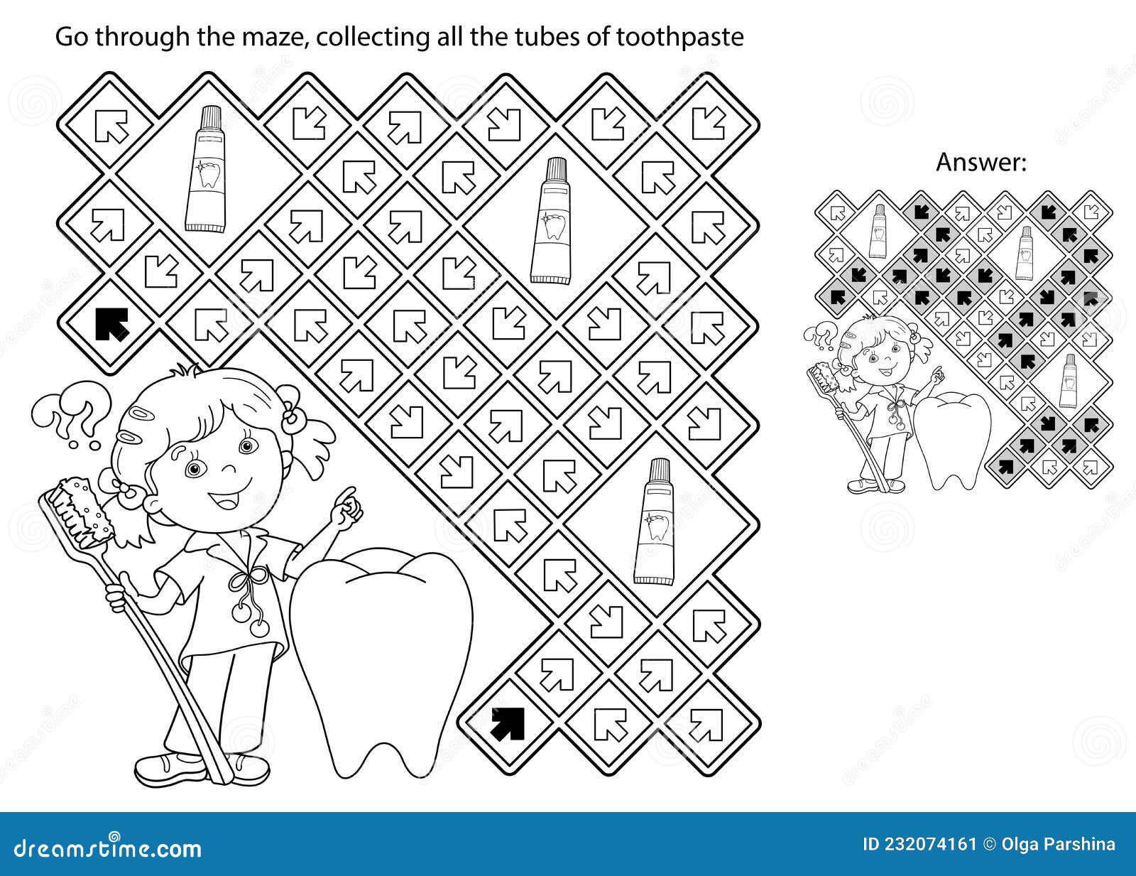 Maze or labyrinth game puzzle coloring page outline of cartoon girl with toothbrush and toothpaste stock vector