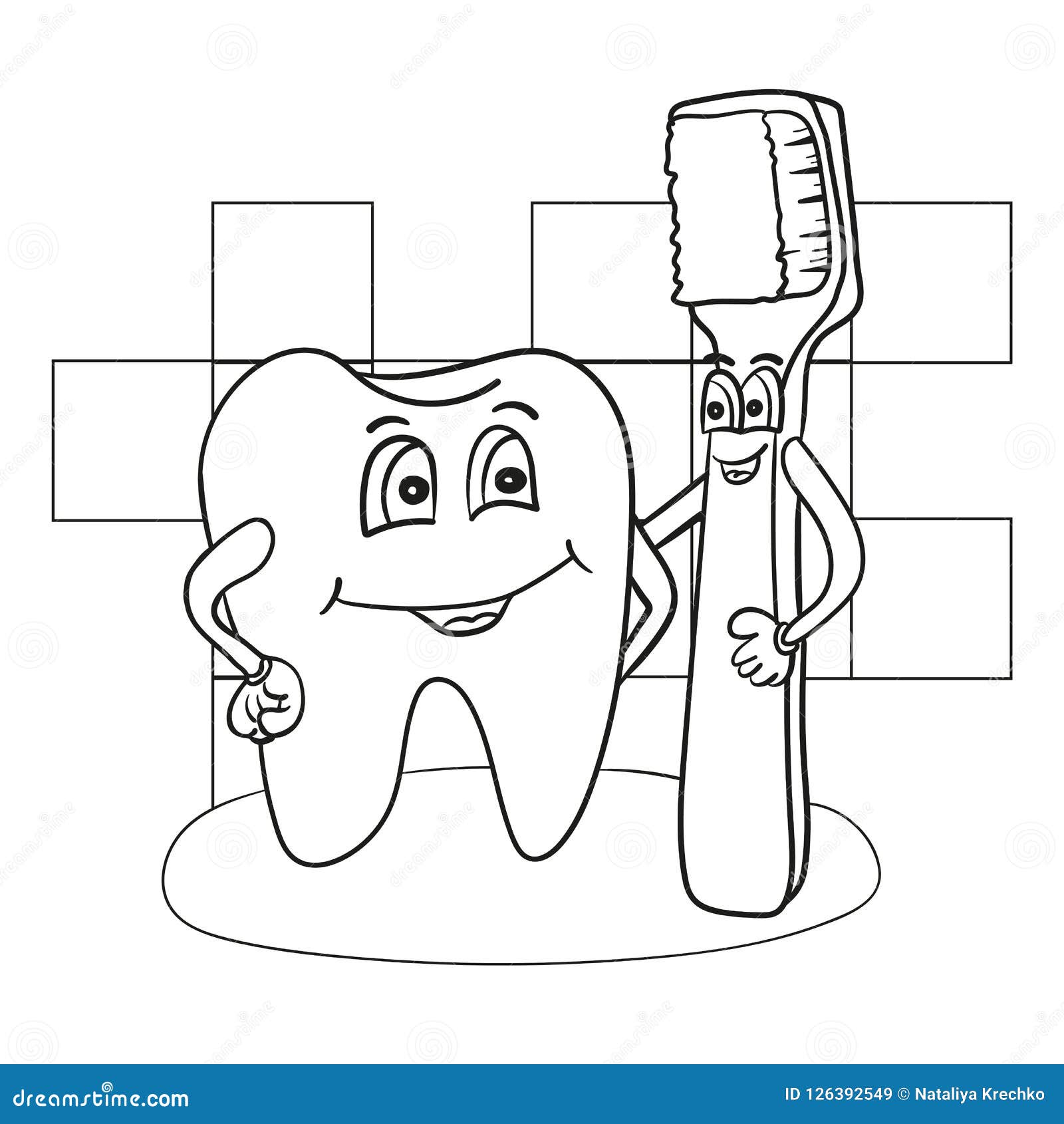 Cartoon illustration of happy tooth character with toothbrush coloring book stock vector