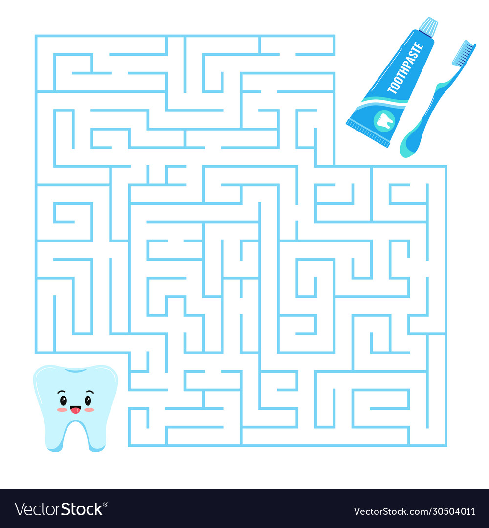 Tooth emoji and toothpaste with toothbrush maze vector image