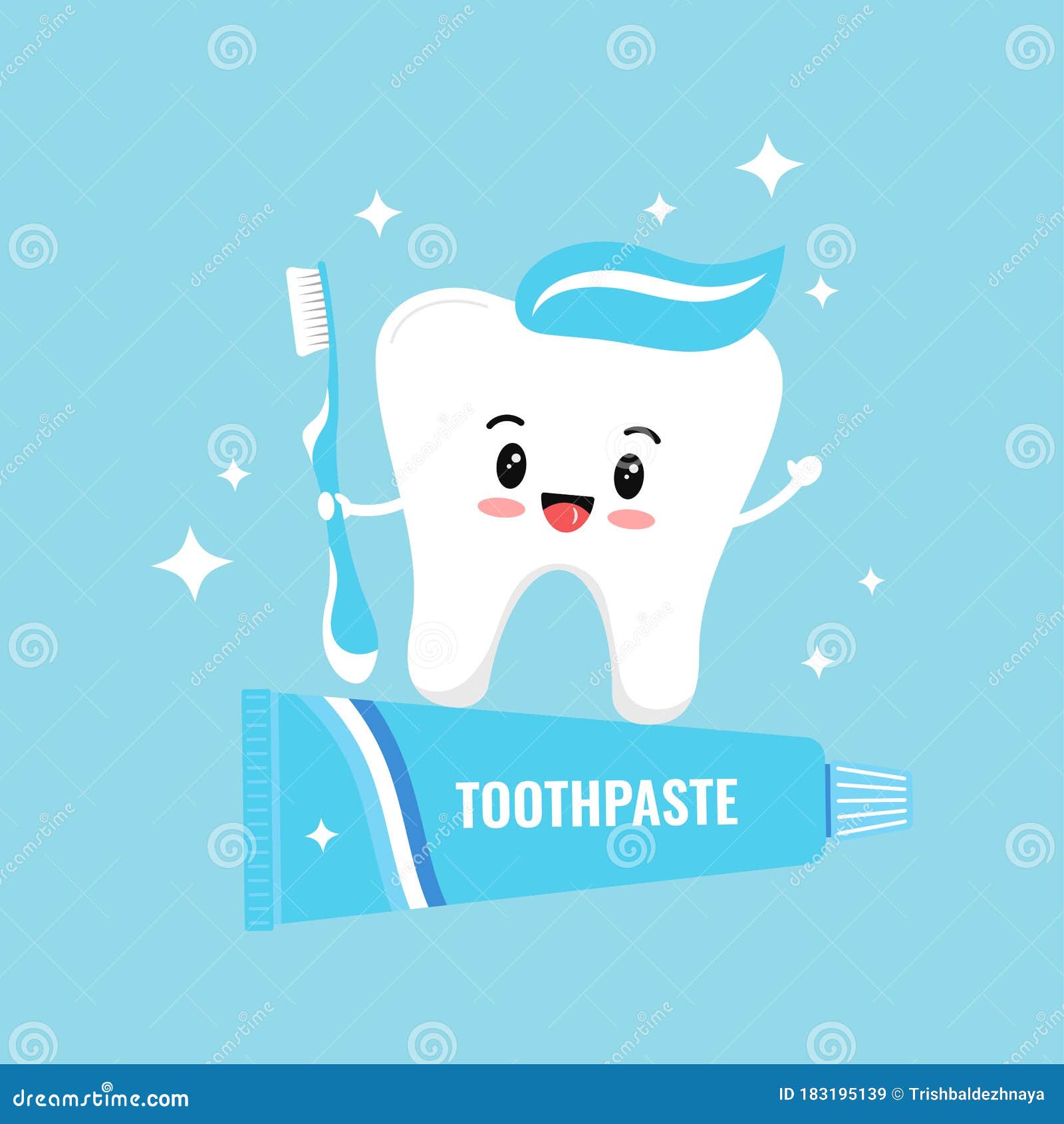 Cute white tooth emoji holding toothbrush stand on toothpaste stock vector