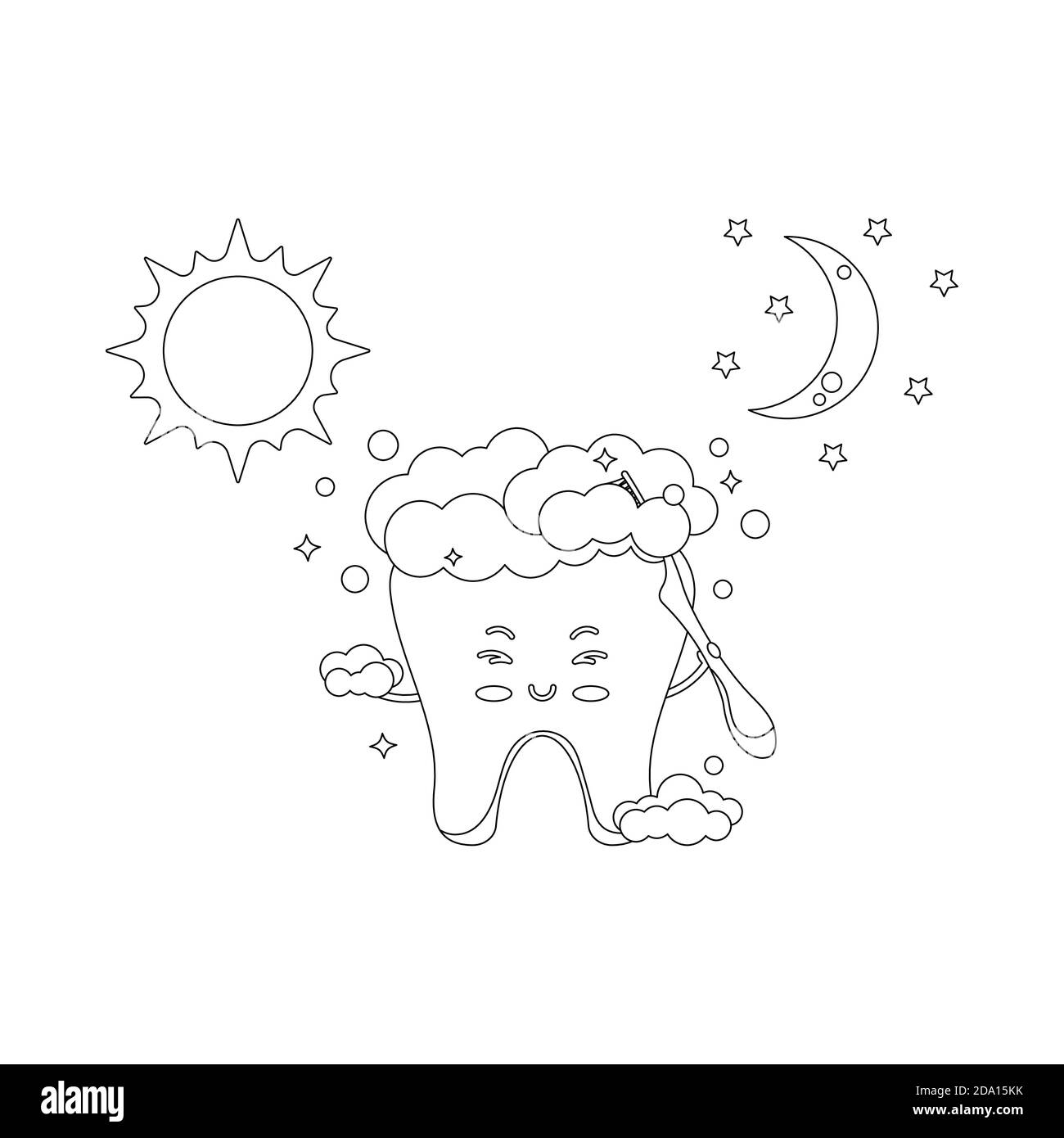 Cute tooth brushing with toothbrush twice a day dentist coloring page stock vector image art
