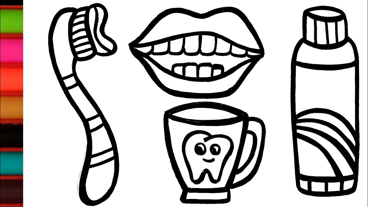 Dental care set drawing coloring and painting for kids toddlers how to draw dental care set
