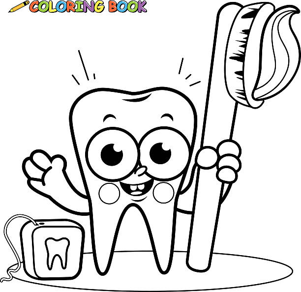 Happy cartoon molar tooth character holding dental toothbrush and toothpaste stock illustrations royalty