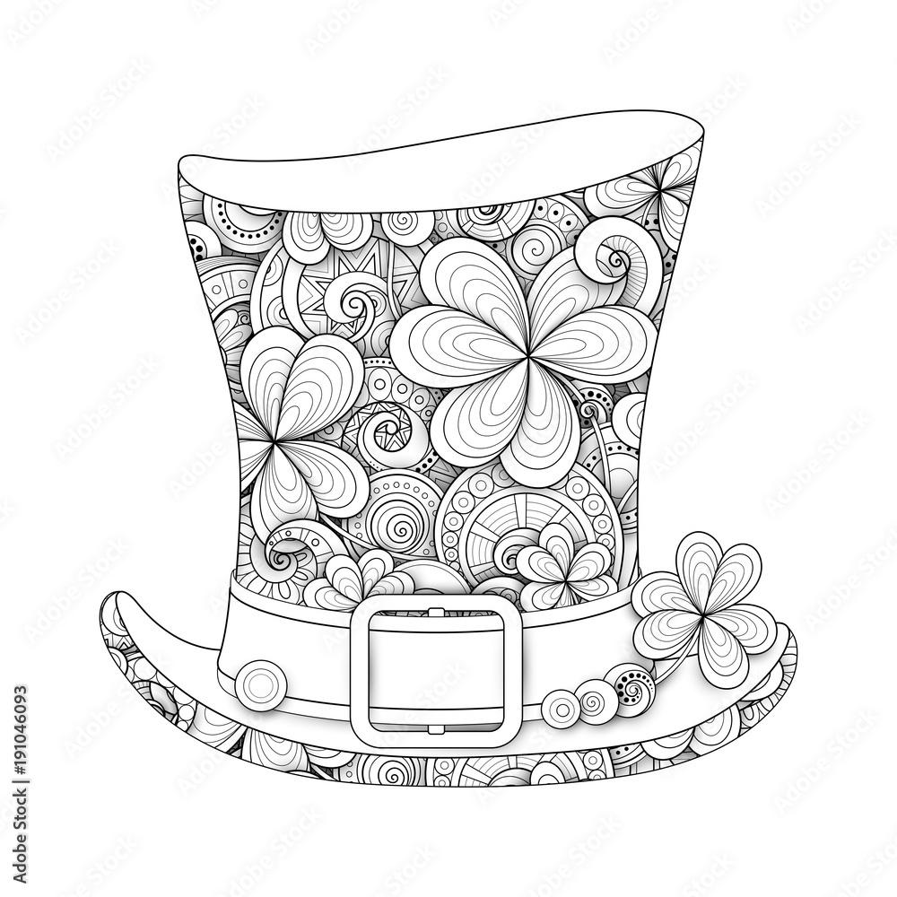 Leprechaun vintage top hat illustration monochrome doodle st patrick day symbol decorative ornament with clover leaf abstract coins and swirl coloring book page vector d ornate drawing vector