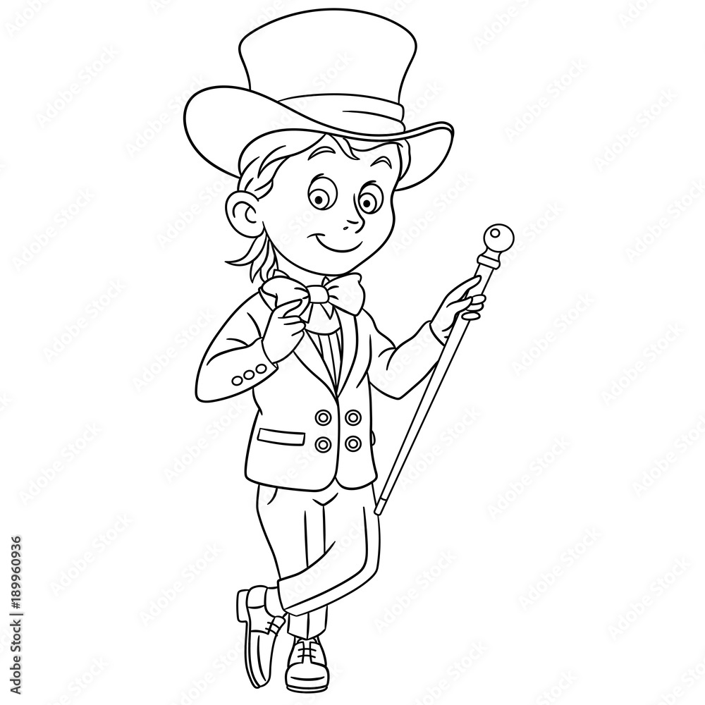 Coloring page cartoon gentleman in tuxedo bow tie top hat and with walking stick design for kids coloring book vector