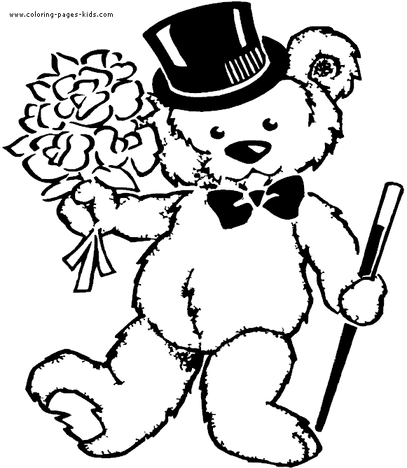 Teddy bear with flowers and a top hat color page