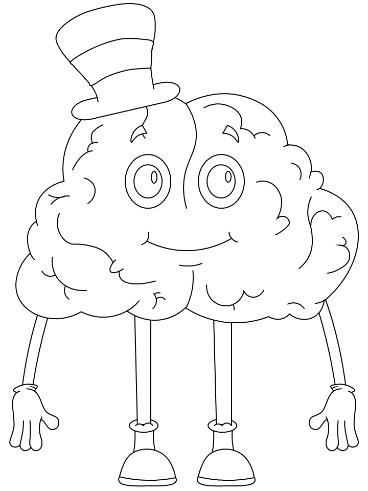 Printable coloring page cartoon brain in a top hat