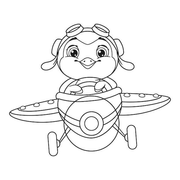 Premium vector baby penguin flying on a plane coloring page outline cartoon vector illustration