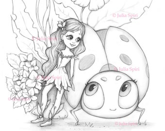 Coloring page digital stamp digi cute girl ladybug flowers fairytale whimsy line art thumbelina