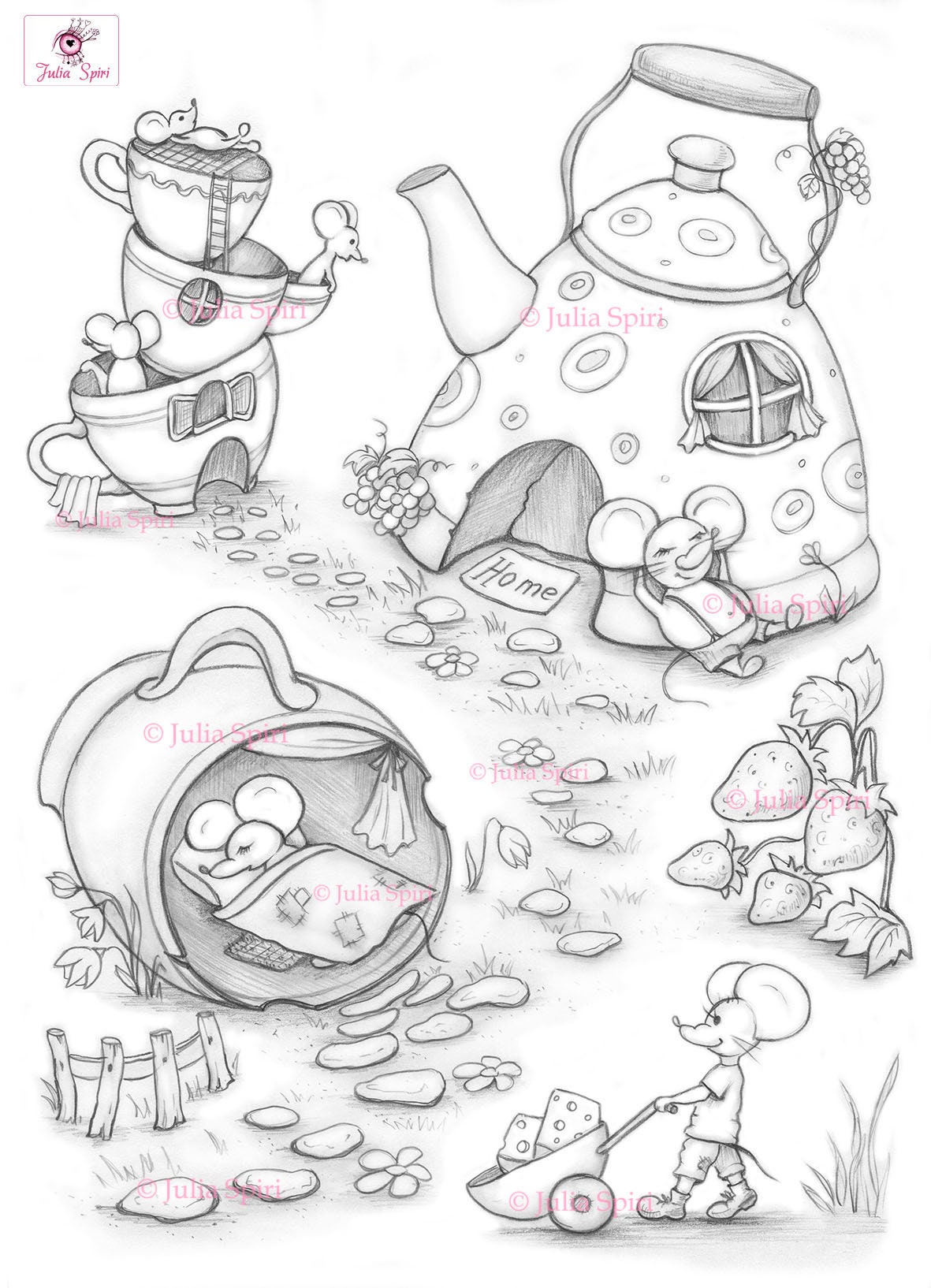 Coloring page digital stamp digi cup teapot mice fun town strawberry whimsy crafting scrapbooking black white mouse village