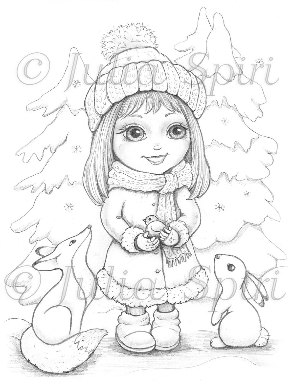 Coloring page digital stamp digi whimsy line art cute girl folk bunny winter walk