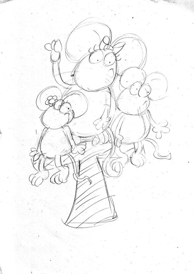 Disegni a mata gli schizzi t e la mamma dei topi con i suoi piccoli topi illustrazione di stock