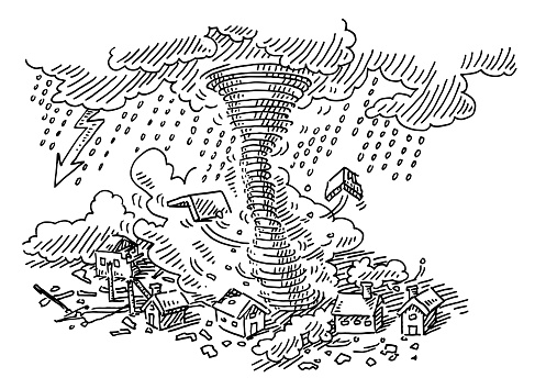 Tornado disaster small town drawing stock illustration