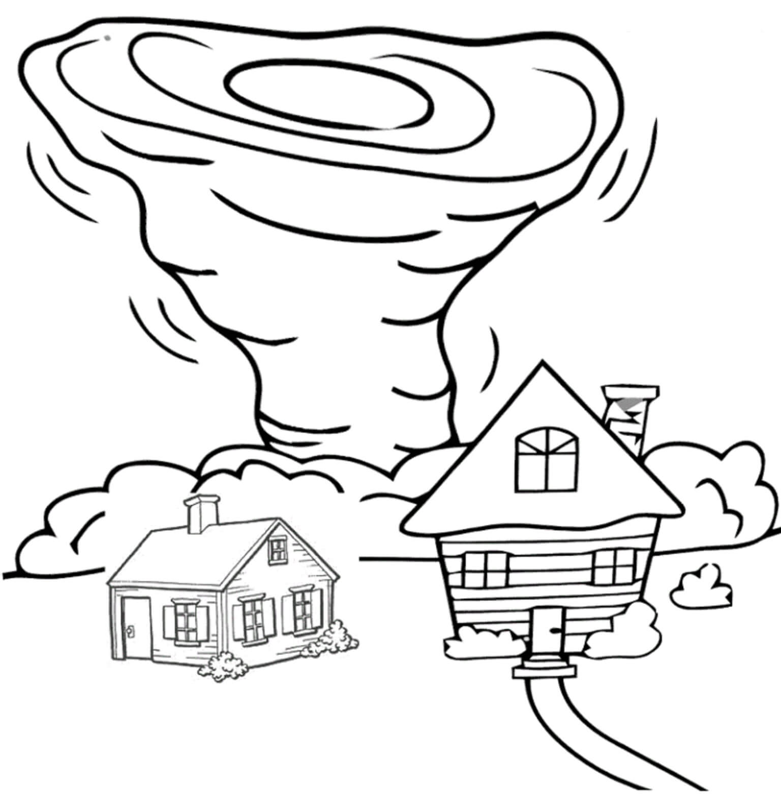 Tornado with two houses coloring page