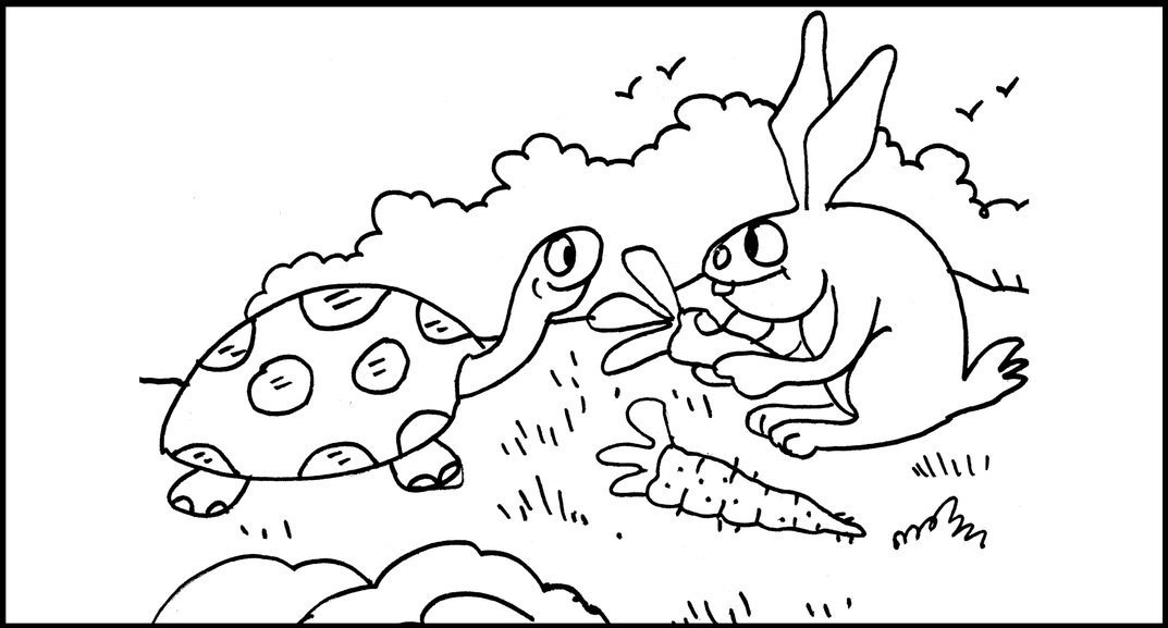 Tortoise lookg at rabbit eatg carrots