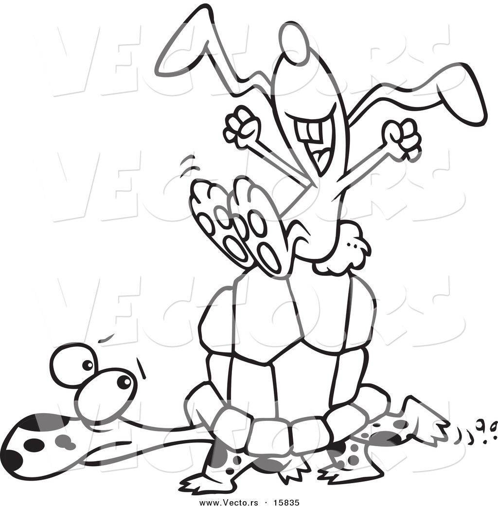 R of a cartoon lazy hare riding on a tortoise