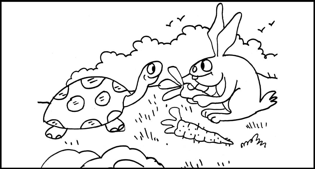 Tortoise lookg at rabbit eatg carrots