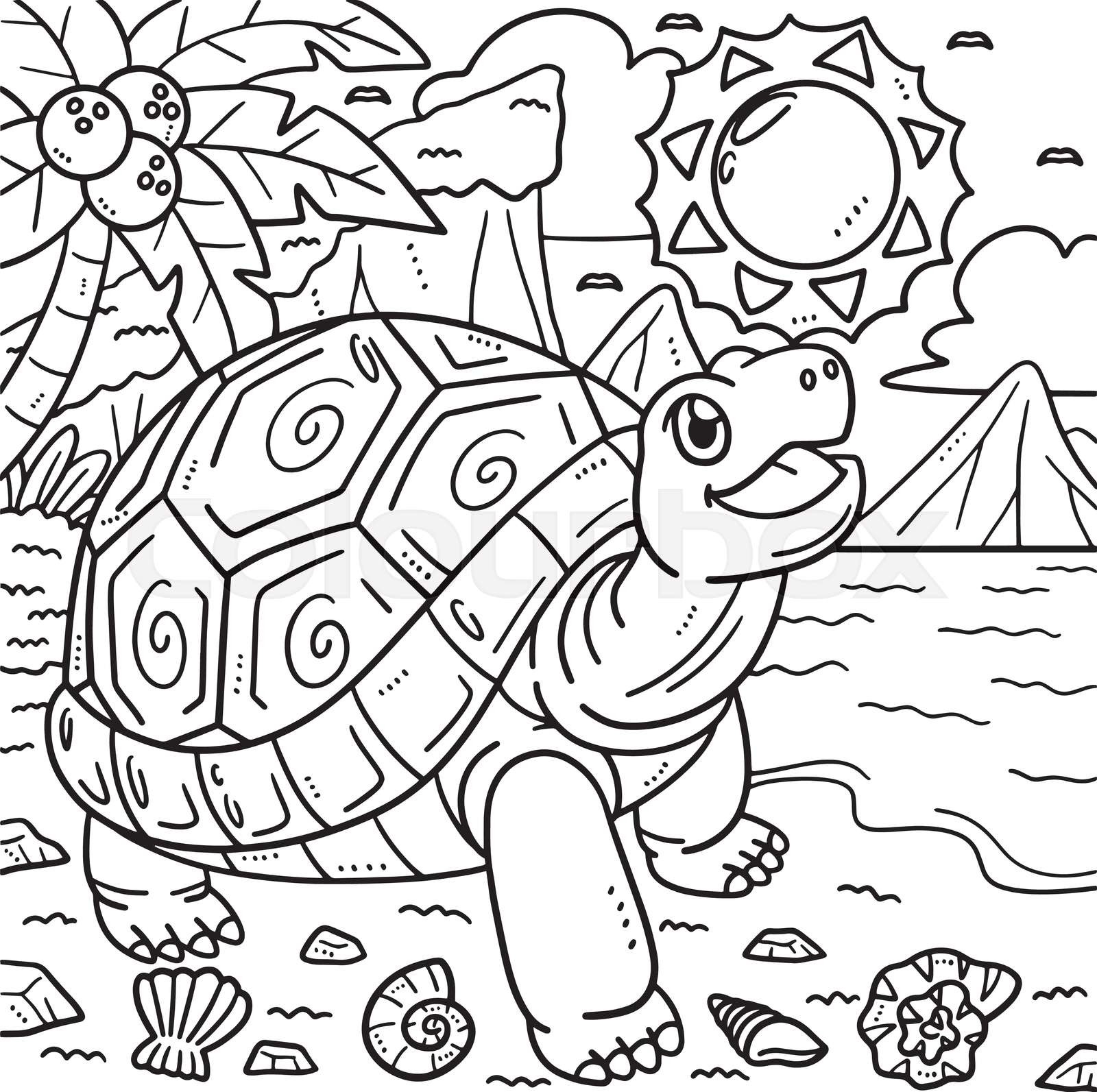 Summer tortoise playing coloring page for kids stock vector