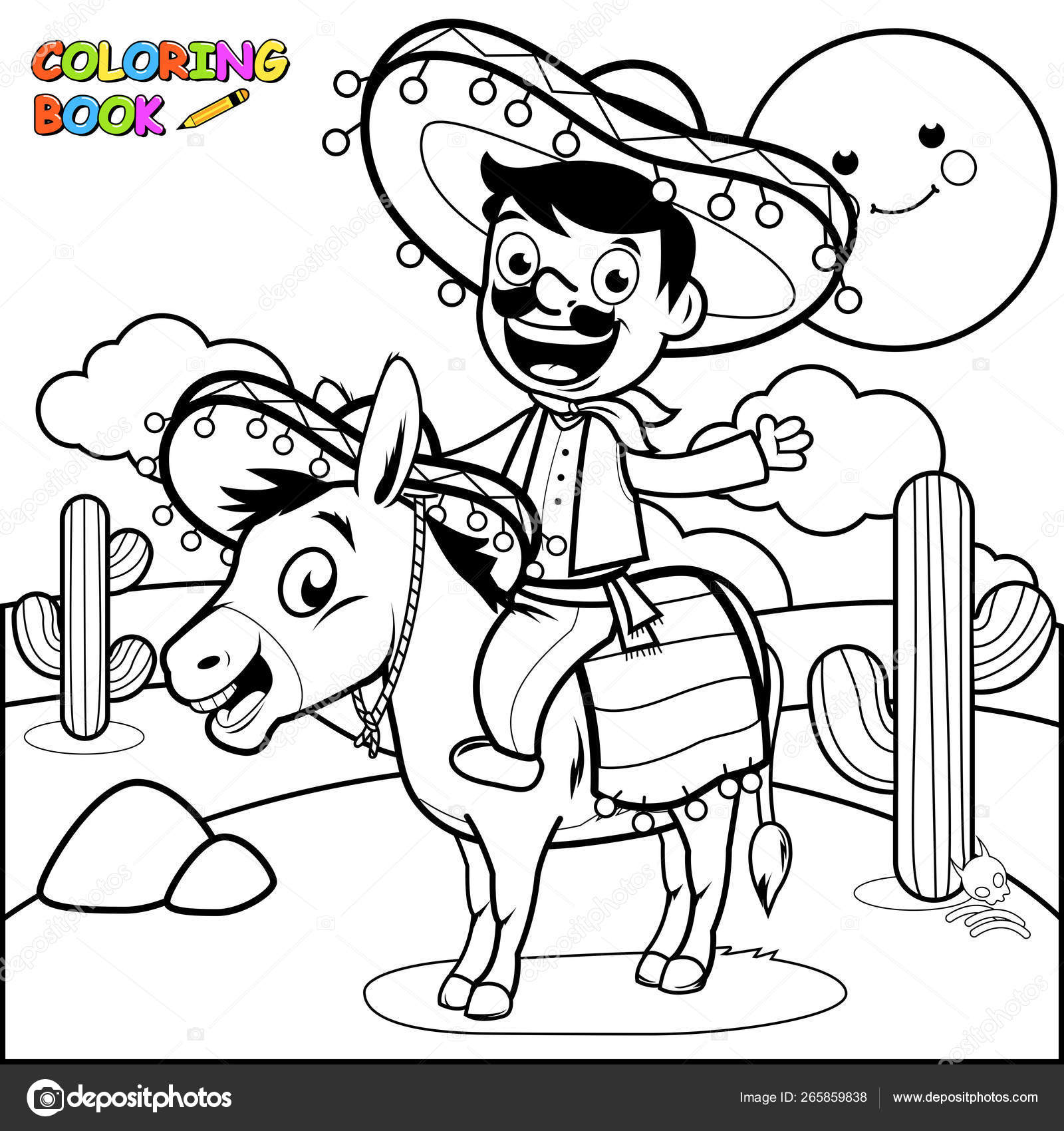 Un mexicano montando un burro en el desierto pãgina para colorear en blanco y negro vector de stock por stockakia