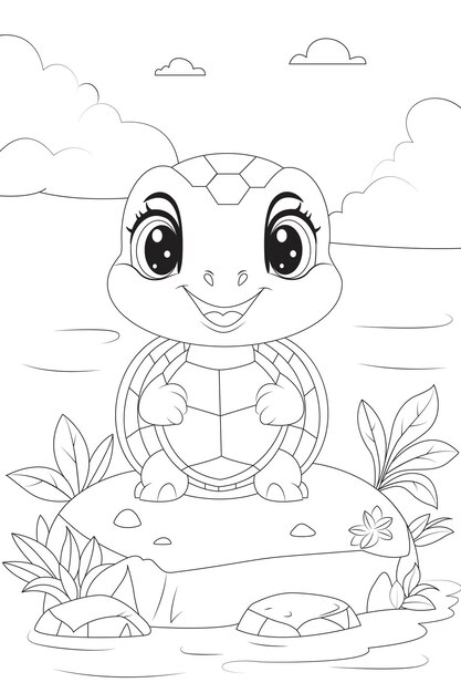 Premium vector coloring page a friendly turtle basking in the sun on a rock
