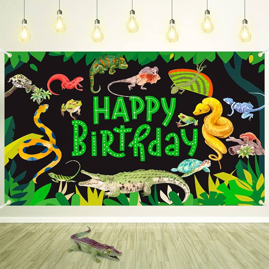 Cartel de feliz cumpleaãos de reptiles pantano de selva salvaje decoraciãn para niãos animales de safari lagarto serpiente tortuga cocodrilo decoraciãn de fondo accesorios para cabina de fotos x