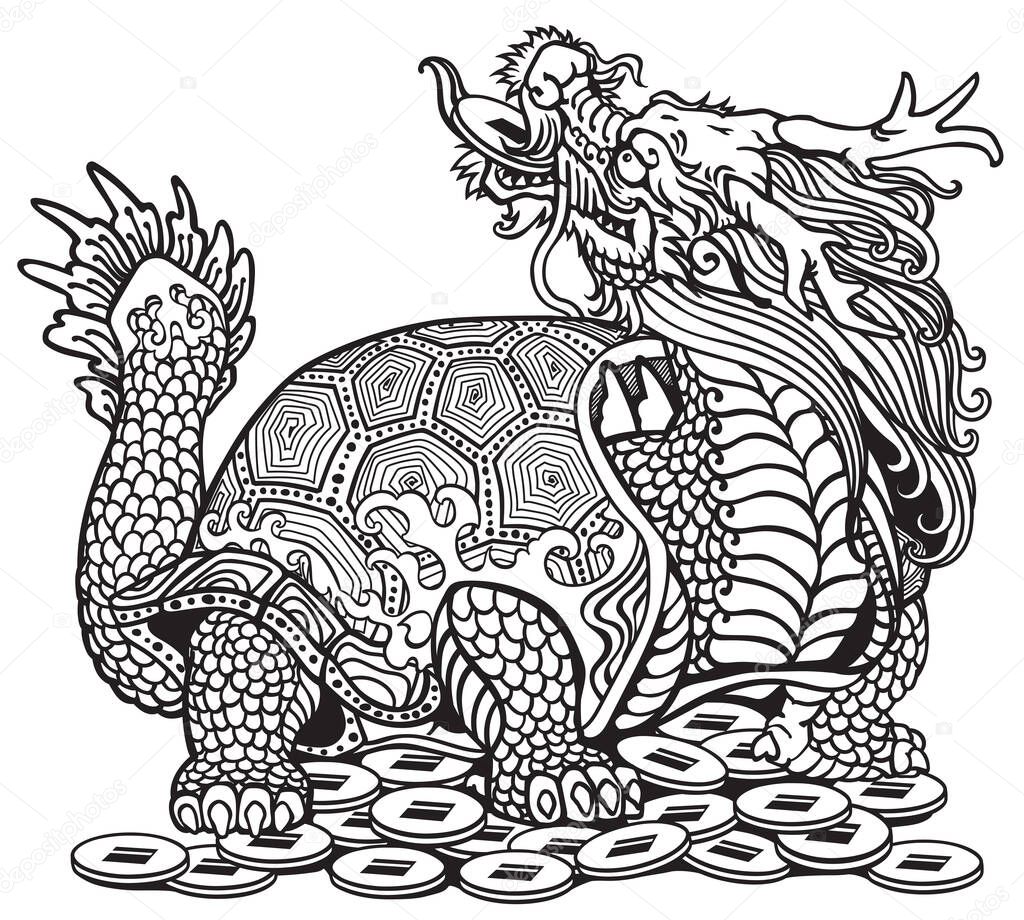 Tortuga dragãn tortuga sentado montãn monedas criatura mitolãgica china animal vector de stock de insima