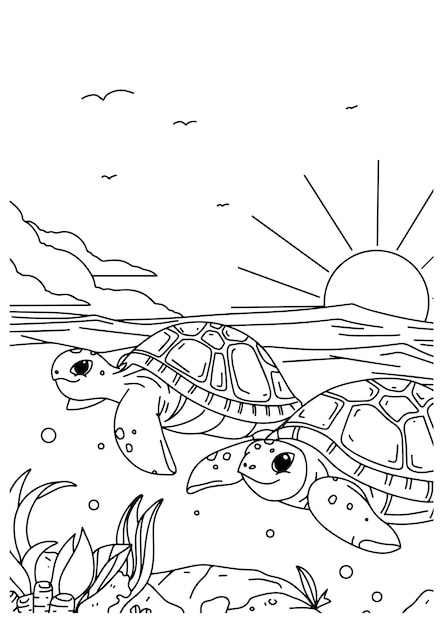 Premium vector children coloring book page twin turtle in beach