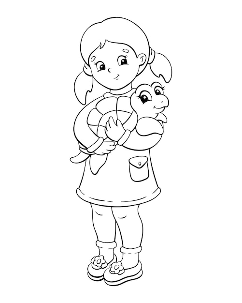 Premium vector little cute girl is holding a turtle coloring page for kids digital stamp