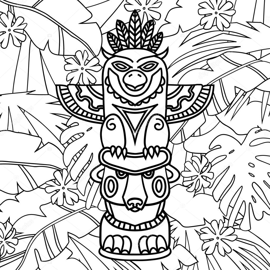 Doodle traditional tribal totem pole on plants background coloring book stock vector by greeek