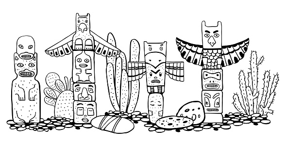 Native american traditional totem poles and catuses vector outline hand drawn doodle sketch illustration group of four carved wooden figures stock illustration