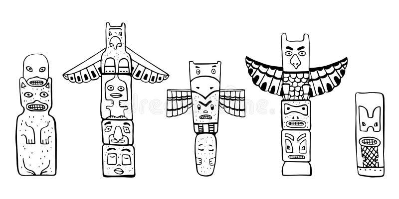 Native american traditional totem poles vector outline hand drawn doodle sketch illustration set stock vector
