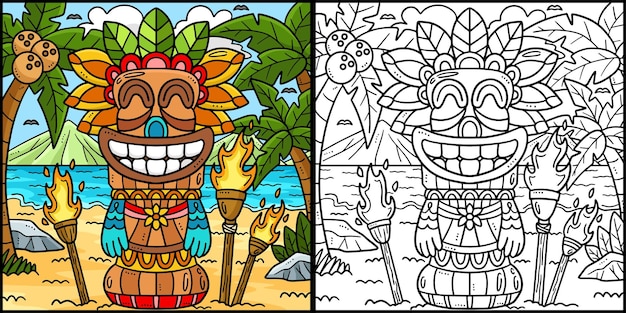Premium vector this coloring page shows a summer tiki totem pole one side of this illustration is colored and serves as an inspiration for children